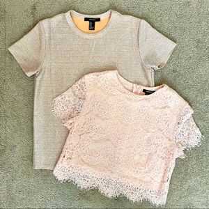 FOREVER 21 - Lace Crop Top & Glittery T-shirt in Pink